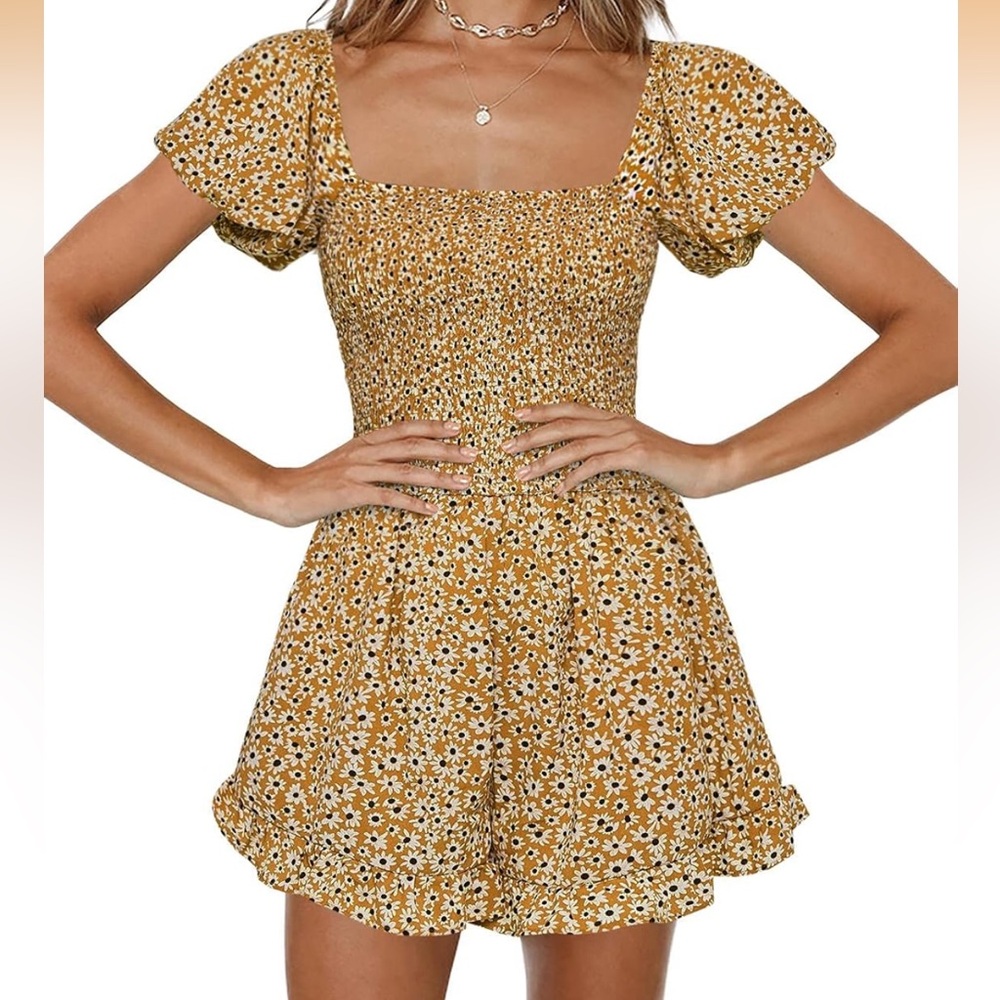 Smocked Square Neck Floral Romper
